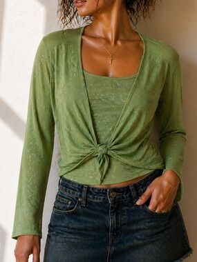 Vintage 90’s FMX Green Sparkle Swirl Matching Tank & Cardigan